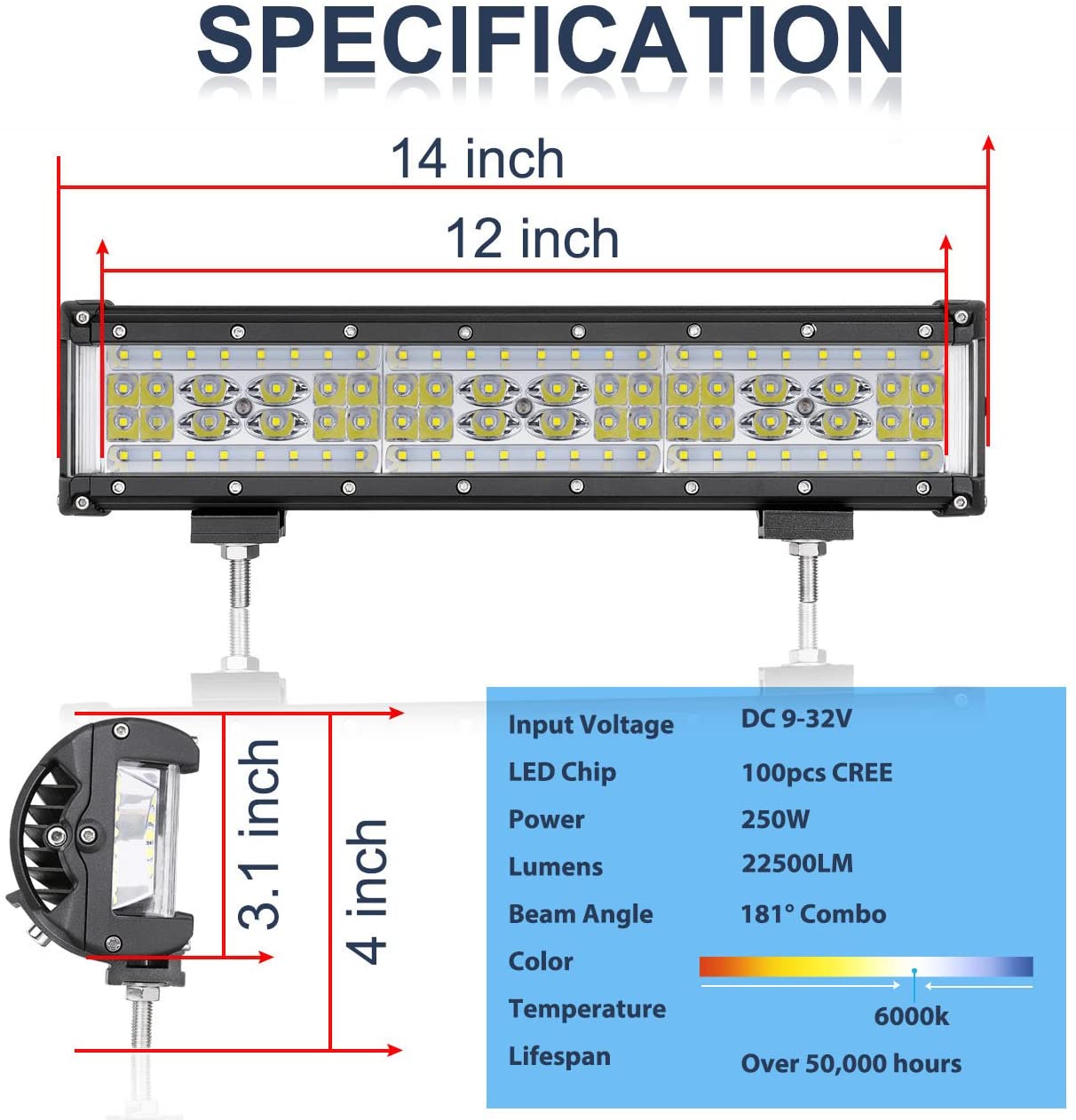 Quad Row 250W 15inch LED Light Bar 4x4 LED Bar